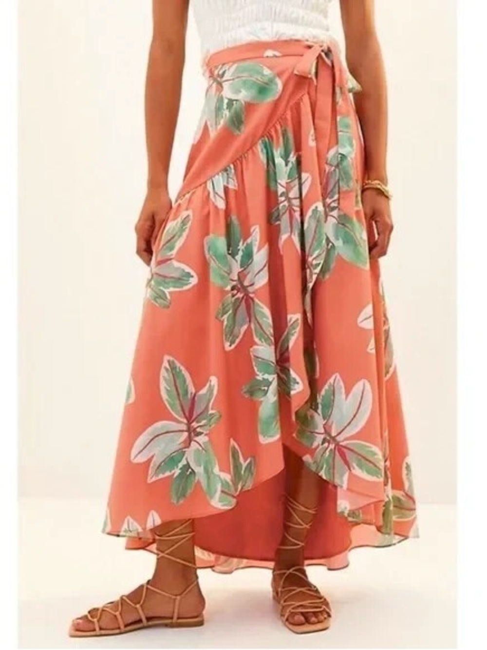 NWT Hutch Anthropologie Floral Wrap Midi Skirt Coral Orange Green Tropical small